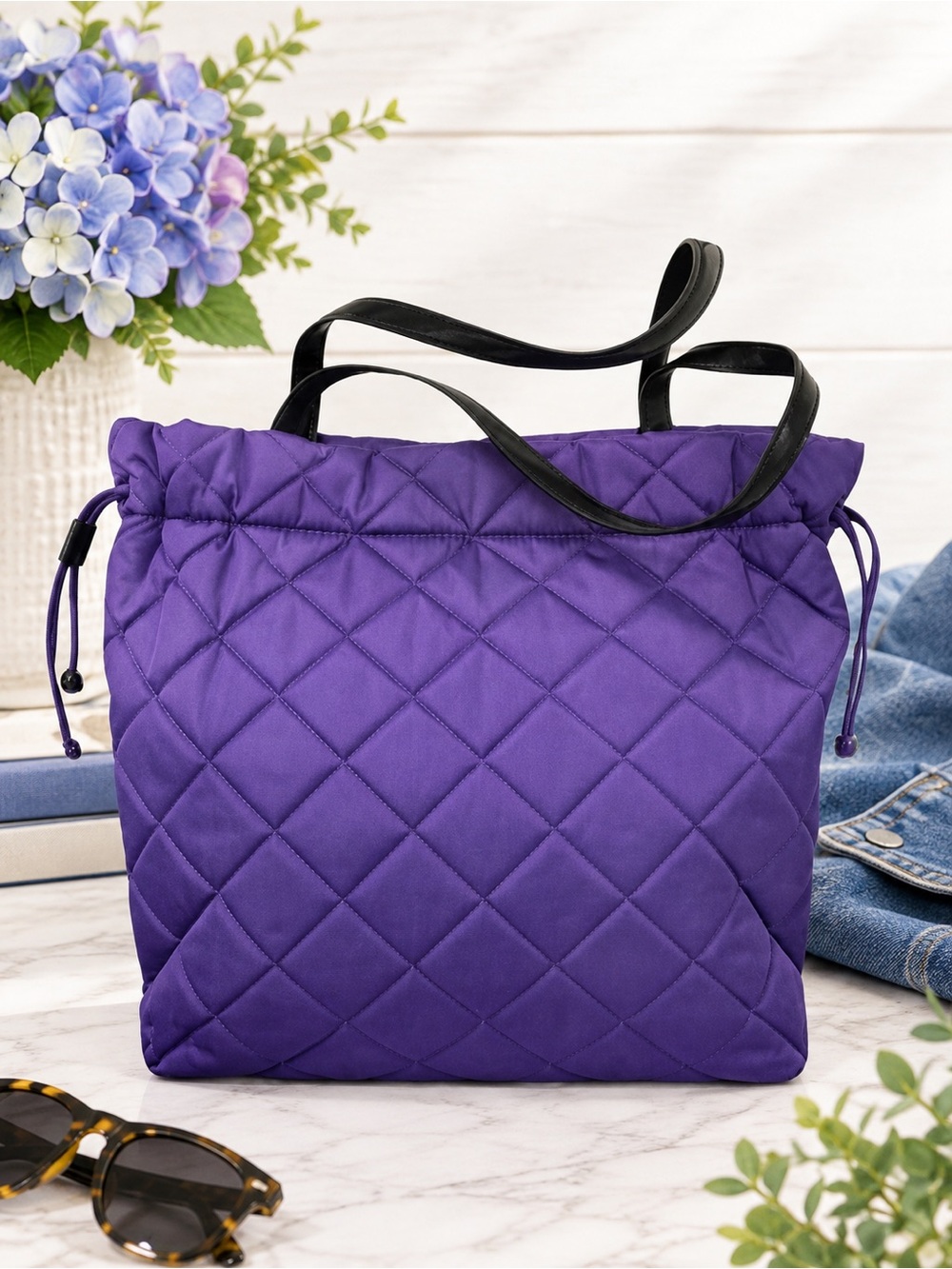 Michael Michael Kors Quilted Nylon Tote Purple Black Patent Leather Handles EUC